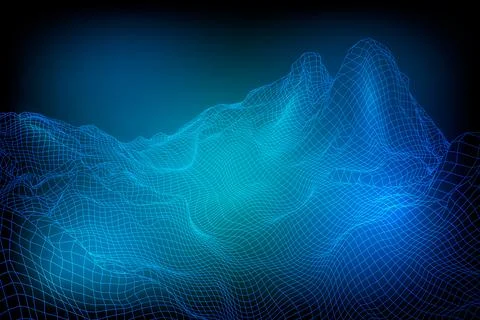 Abstract vector wireframe landscape background. 3D futuristic mesh mountains 스톡 일러스트