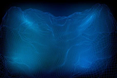 Abstract vector wireframe landscape background. 3D futuristic mesh mountains Stock Illustration