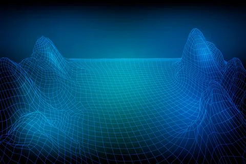 Abstract vector wireframe landscape background. 3D futuristic mesh mountains Stock Illustration
