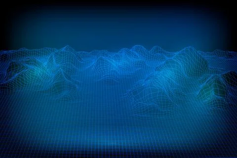 Abstract vector wireframe landscape background. 3D futuristic mesh mountains Stock Illustration