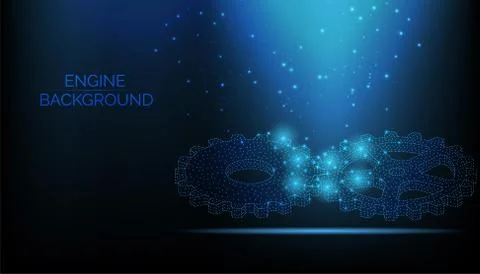 Abstract vector wireframe Two Gears on dark blue background. Engine backgroun Stock Illustration