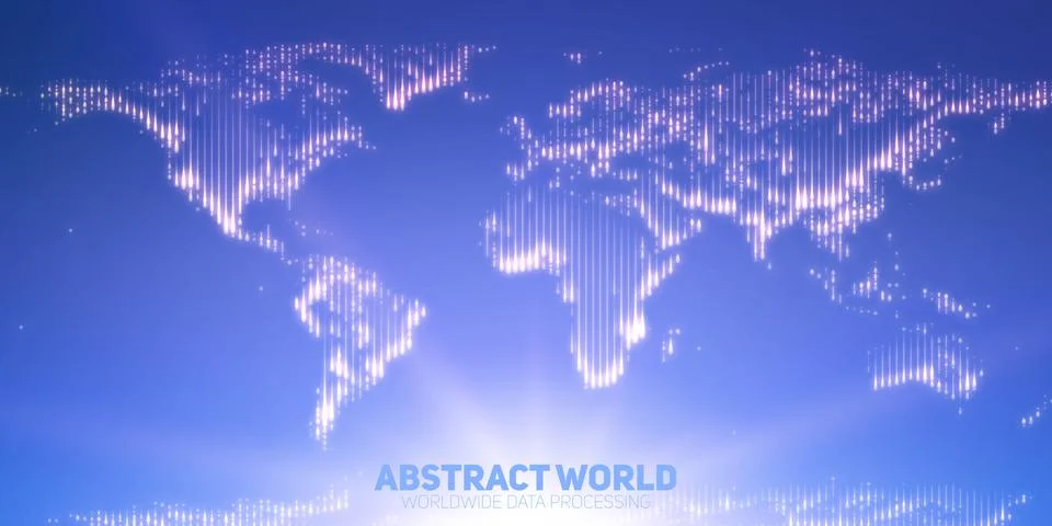 Abstract vector world map constructed of glowing points. Continents with a fl Illustrazione stock