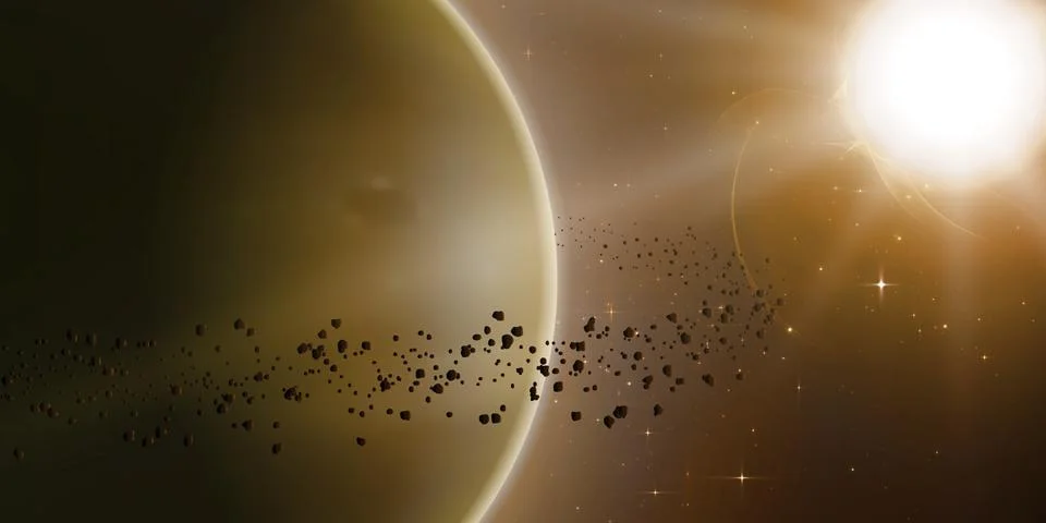 Abstract vector yellow background with planet and ring of asteroids around. B Stock Illustration