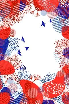 Abstract vertical frame for congratulations. Red blue colors with birds and f Stock Illustration