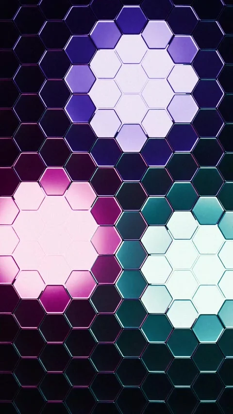 Abstract Vertical Hexagon Grid with Pulsing Neon Pink and Teal Lights Loop Stock Footage 330034126