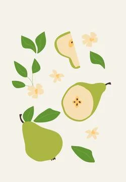 Abstract vertical pears poster, vector flat illustration. Autumn bright patte 스톡 일러스트