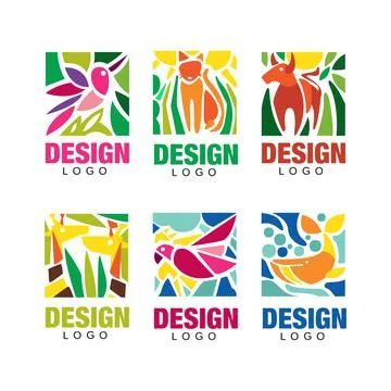 Abstract vibrant animals logo design set. Colorful labels with tropical plants Stock Illustration