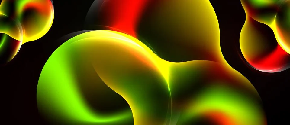 Abstract vibrant bubbles blend, creating luminous shapes against dark backg.. Illustrazione stock