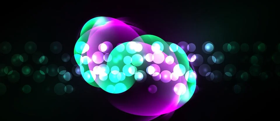 Abstract vibrant bubbles, glowing particles, dark background. Complex shapes Stock Illustration