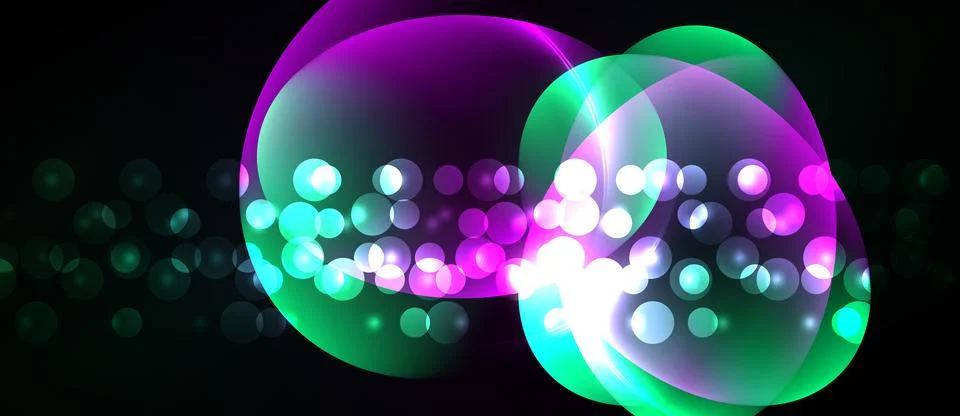 Abstract vibrant bubbles overlap, creating luminous effect. Dark background Stock Illustration