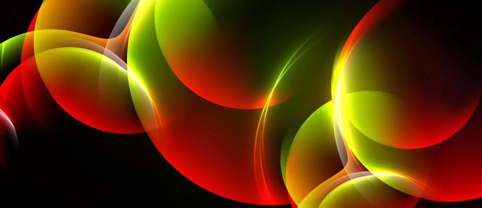 Abstract vibrant circles overlap, creating luminous effects. Red, yellow, gre Stock Illustration