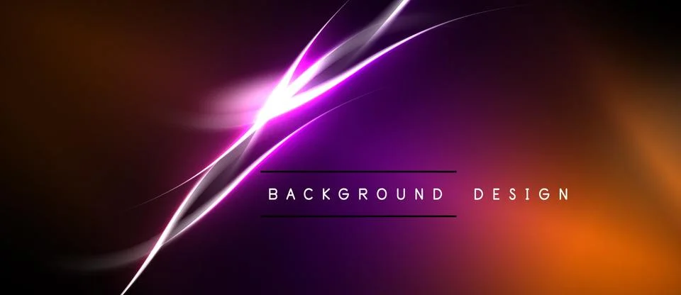 Abstract vibrant design features flowing purple, orange lines. Dark backgroun Illustrazione stock