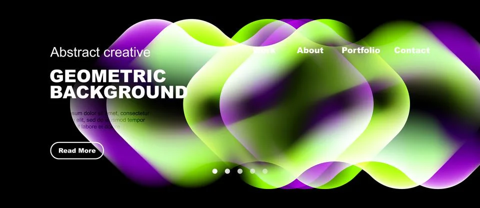 Abstract vibrant design features flowing shapes, gradients. Dark background 库存插图