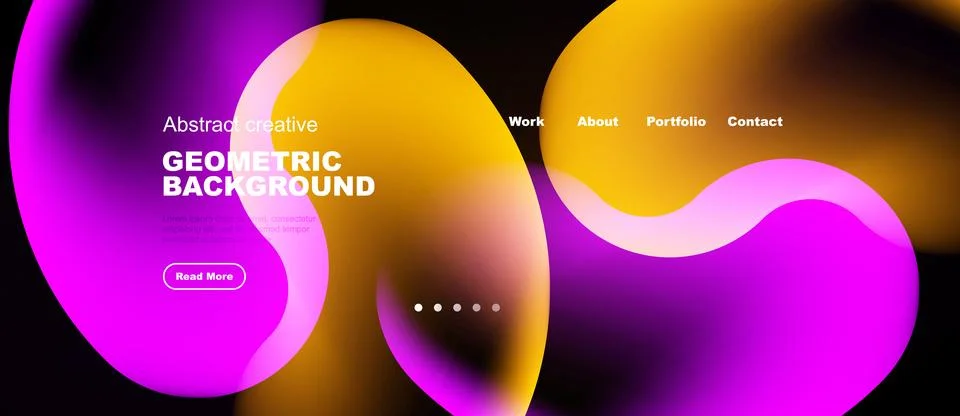 Abstract vibrant design features flowing shapes, text overlays, dark backgr.. Stock Illustration