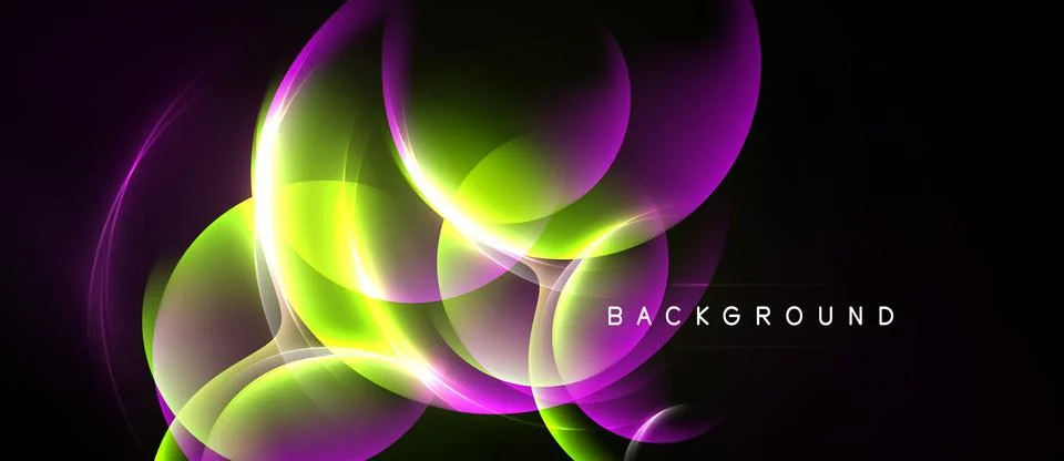 Abstract vibrant design features glowing circles, curves, lines. Purple, gree 스톡 일러스트