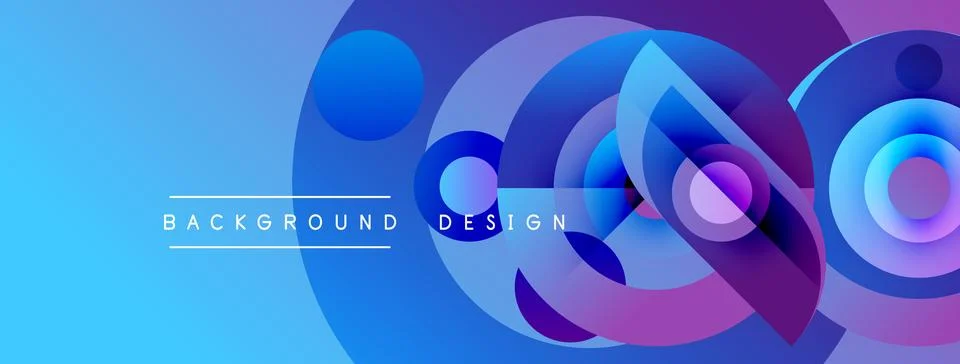 Abstract vibrant design features overlapping circles, gradients. Blue, purple Stock Illustration