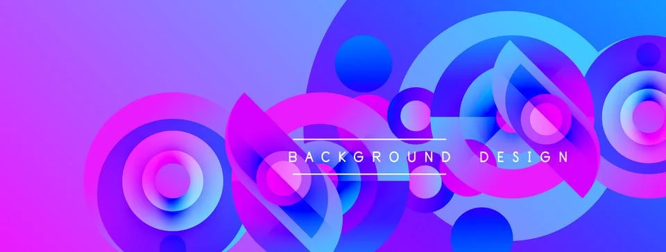 Abstract vibrant design features overlapping circles, gradients. Purple, blue Stock Illustration