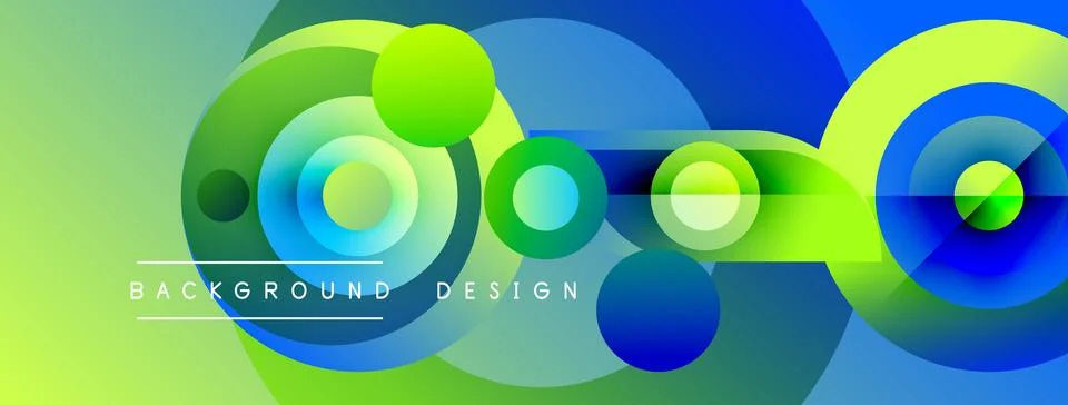 Abstract vibrant design features overlapping circles, gradients. Green, blue 스톡 일러스트