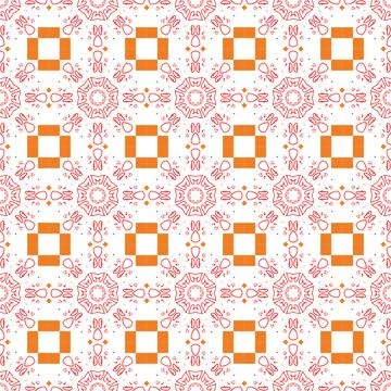Abstract vibrant geometric pattern with orange squares and red floral elements Stock Photos