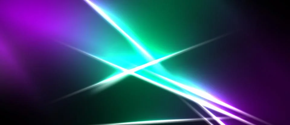 Abstract vibrant light streaks intersect. Purple, green hues dominate dark Stock Illustration