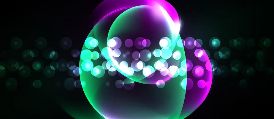 Abstract vibrant lights form circular shapes against dark background. Glowing Stock Illustration