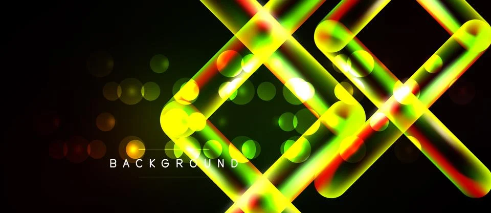 Abstract vibrant lines, circles create dynamic glowing background. Dark space Stock Illustration