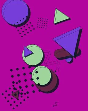 Abstract Vibrant Memphis Style Background with Purple and Green Geometric S.. Illustrazione stock