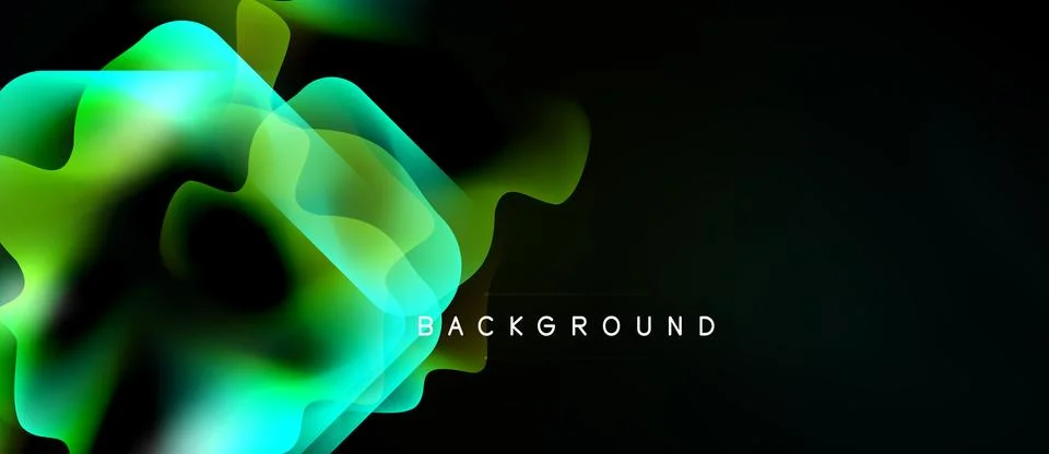 Abstract vibrant shapes blend, creating luminous flow. Dark backdrop emphasiz Stock Illustration