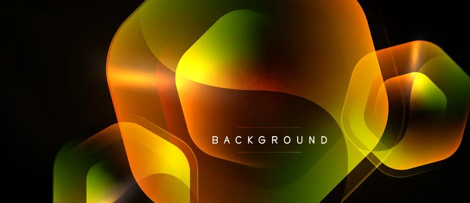 Abstract vibrant shapes overlap, creating dynamic glowing effect. Dark Stock Illustration