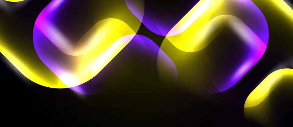 Abstract vibrant shapes overlap, creating luminous flow. Yellows, purples Ilustración de archivo