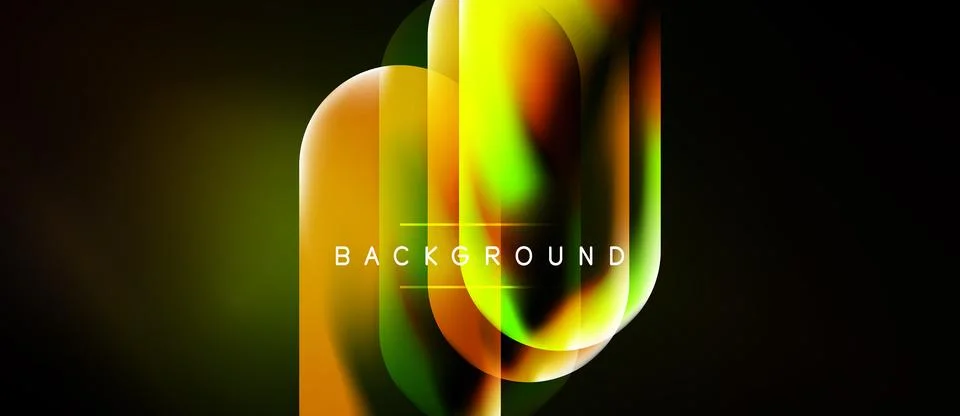 Abstract vibrant shapes overlap, creating dynamic visual effect. Dark backg.. Stock Illustration