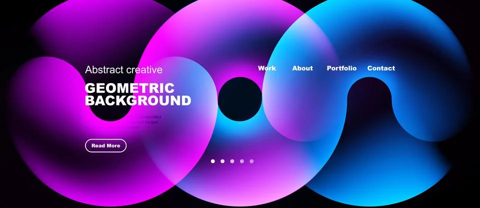 Abstract vibrant shapes overlap. Text elements present website navigation, ca Stock Illustration