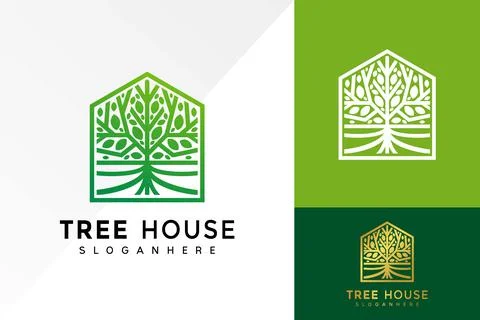 Abstract vibrant tree House logo design, Root Leaf business logos vector, mod Stock Illustration