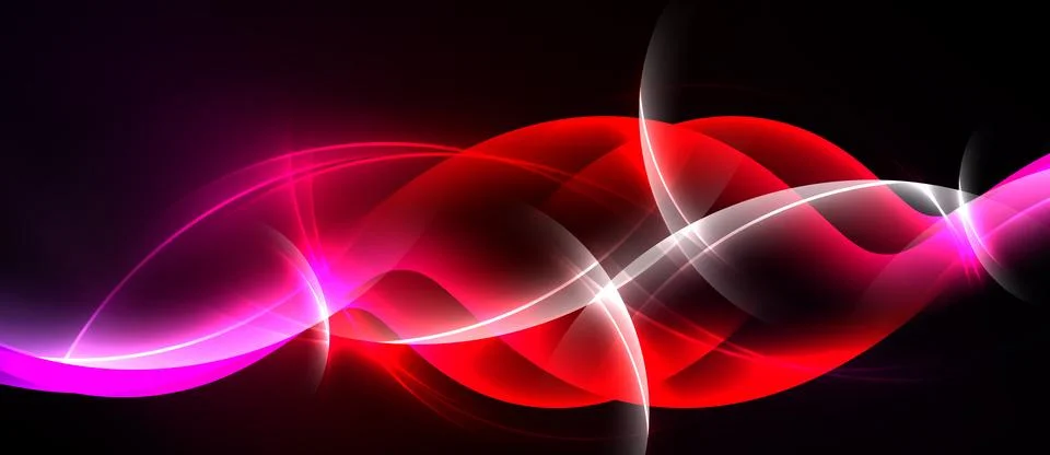 Abstract vibrant waves, flowing lines. Pink, red hues dominate dark backgroun Illustrazione stock
