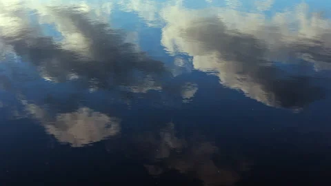 Abstract View Of Blue Sky And White And Dark Clouds Reflected On The Gently Ripp Video stock 310302818