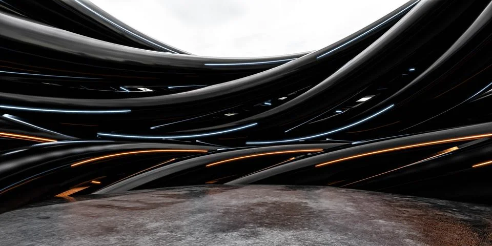 Abstract View of Dark Curved Structures With Golden Accents in abstract Stock Illustration