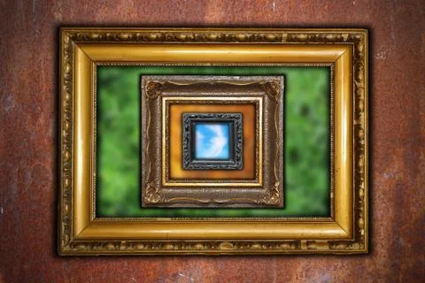 Abstract view with frames on rusty industrial wall Stock Photos
