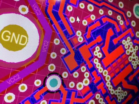 Abstract view of PCB design from computer screen Stock Photos