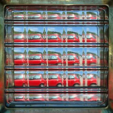 Abstract View of Red Car seen through a Square Glass Brick Stock Photos