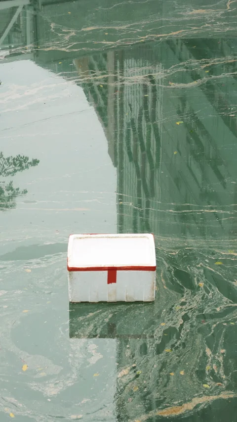 Abstract view of urban river reflection featuring floating white box with red Stock Footage 340390691