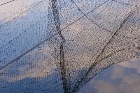 Abstract views of protective nets against birds on fish ponds Stock Photos