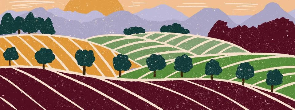 Abstract vineyard pattern. Striped fields, green hills and mountains with r.. Illustrazione stock