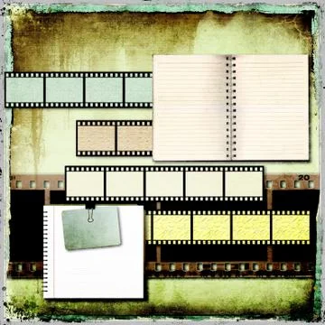 Abstract vintage background with old open books and film strips. Stock Illustration