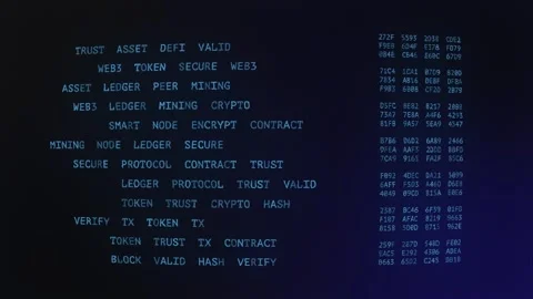 Abstract vintage blue screen code with digital blockchain terms and hexadec.. Stock Footage 308399698