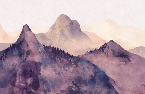 Abstract violet and orange sunset foggy mountains landscape. Watercolor painted Stock Illustration