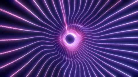 Abstract violet energy waves converging into a glowing circular vortex with.. Stockillustratie