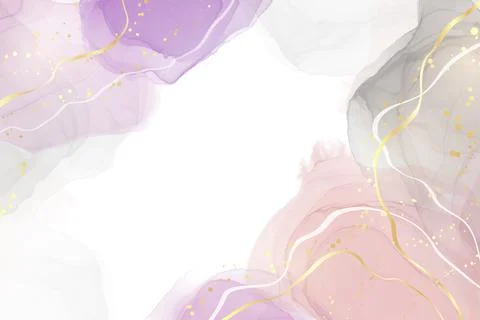 Abstract violet, pink and grey liquid watercolor background with golden glitter Stock Illustration