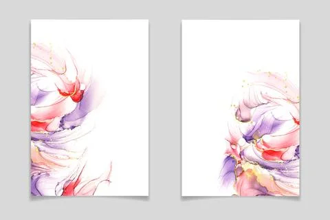 Abstract violet, pink and red liquid watercolor background with golden glitter Illustrazione stock