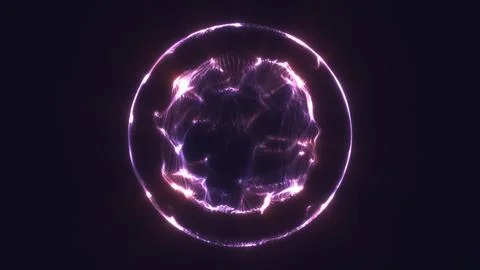 Abstract violet plasma sphere surrounded by glowing circular rings, radiating Ilustração Stock