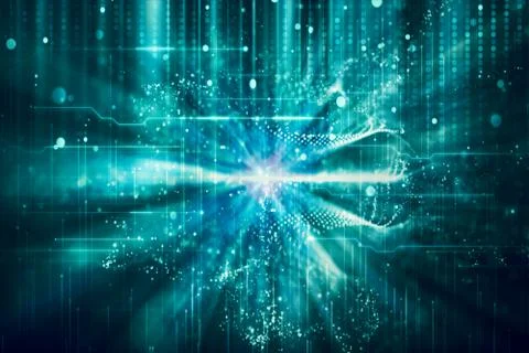 Abstract Virtual Neon Energy Explosion Into Abstract Modern Technological Bac Stock Illustration